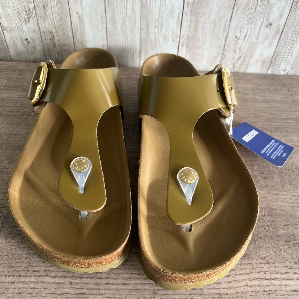 Birkenstock Gizeh Big Buckle High Shine Mud Green Khaki Sandals Boho New 39 - Picture 2 of 6